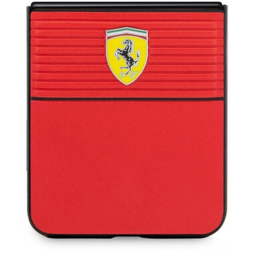 Galaxy Z Flip 5 Kılıf Ferrari Orjinal Lisanslı PU Deri Metal Logolu Multi Çizgili Kapak - Kırmızı