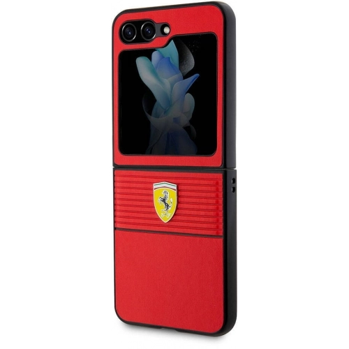 Galaxy Z Flip 5 Kılıf Ferrari Orjinal Lisanslı PU Deri Metal Logolu Multi Çizgili Kapak - Kırmızı