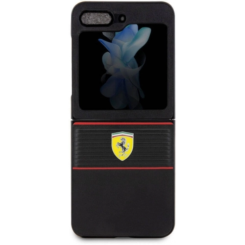 Galaxy Z Flip 5 Kılıf Ferrari Orjinal Lisanslı PU Deri Metal Logolu Multi Çizgili Kapak - Kırmızı