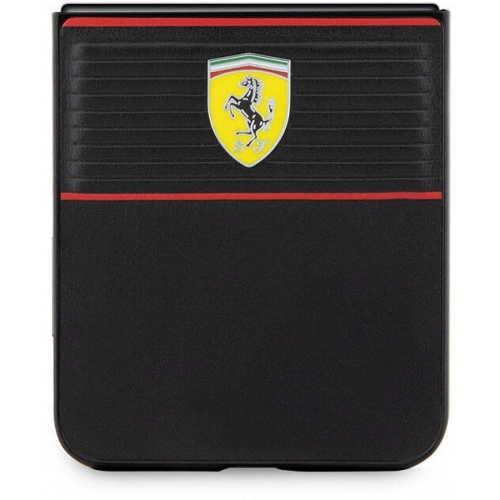 Galaxy Z Flip 5 Kılıf Ferrari Orjinal Lisanslı PU Deri Metal Logolu Multi Çizgili Kapak - Kırmızı