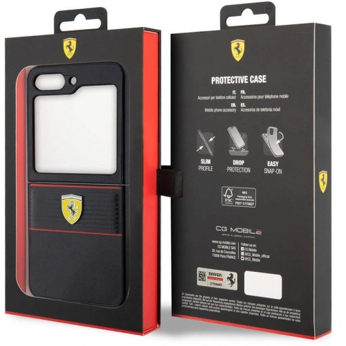Galaxy Z Flip 5 Kılıf Ferrari Orjinal Lisanslı PU Deri Metal Logolu Multi Çizgili Kapak - Kırmızı