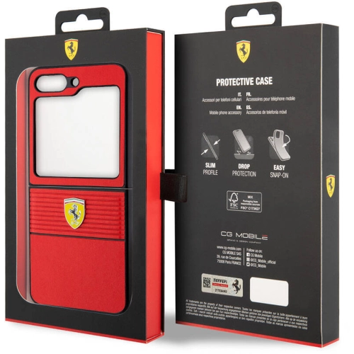 Samsung Galaxy Z Flip 5 Kılıf Ferrari Orjinal Lisanslı PU Deri Metal Logolu Multi Çizgili Kapak - Siyah