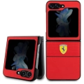 Samsung Galaxy Z Flip 5 Kılıf Ferrari Orjinal Lisanslı PU Deri Metal Logolu Multi Çizgili Kapak - Kırmızı