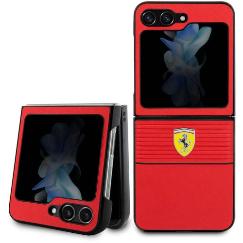 Samsung Galaxy Z Flip 5 Kılıf Ferrari Orjinal Lisanslı PU Deri Metal Logolu Multi Çizgili Kapak - Kırmızı