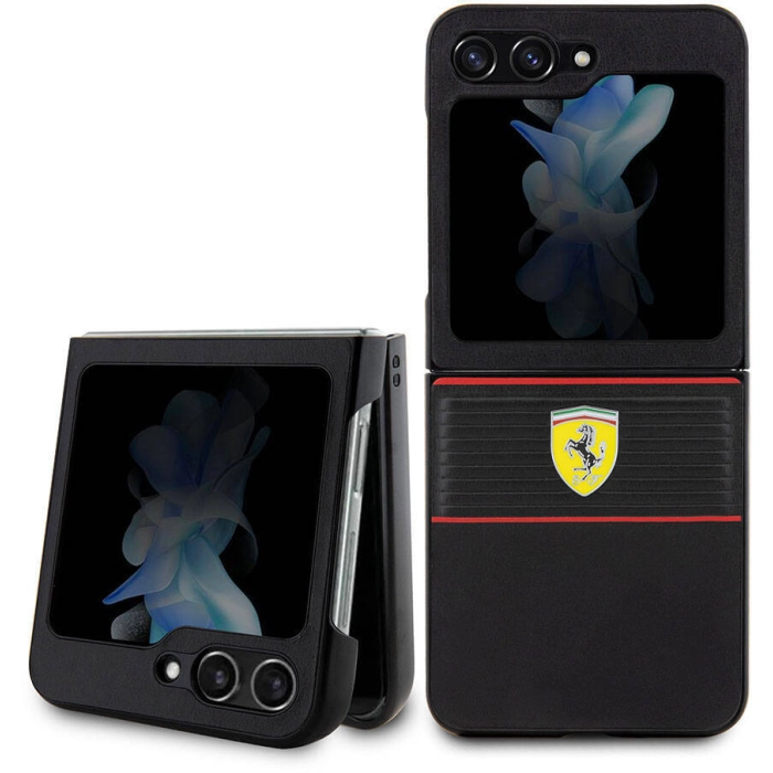 Samsung Galaxy Z Flip 5 Kılıf Ferrari Orjinal Lisanslı PU Deri Metal Logolu Multi Çizgili Kapak - Siyah