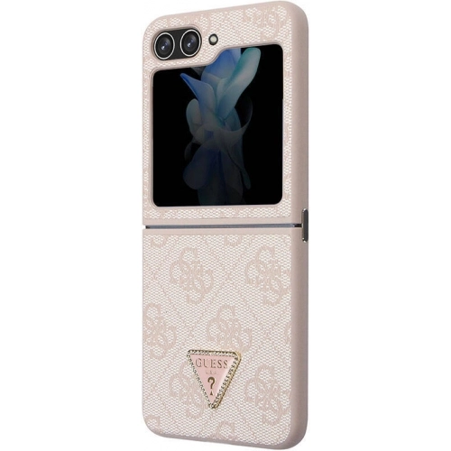 Galaxy Z Flip 5 Kılıf Guess Orjinal Lisanslı PU Deri Taşlı Üçgen Logo 4G Desenli Strass Kapak - Kahve