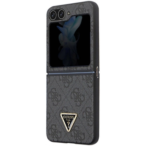 Galaxy Z Flip 5 Kılıf Guess Orjinal Lisanslı PU Deri Taşlı Üçgen Logo 4G Desenli Strass Kapak - Kahve