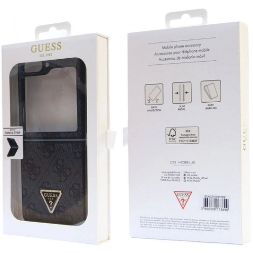 Galaxy Z Flip 5 Kılıf Guess Orjinal Lisanslı PU Deri Taşlı Üçgen Logo 4G Desenli Strass Kapak - Kahve