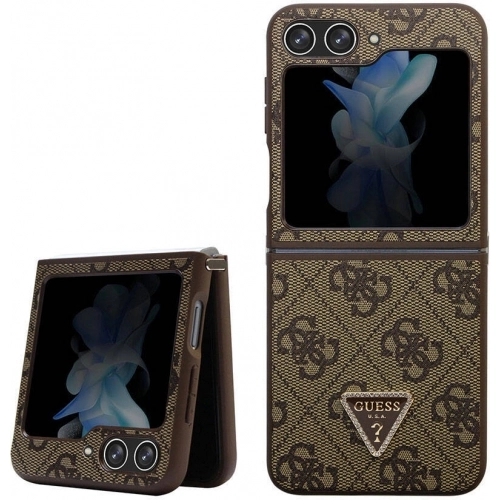 Galaxy Z Flip 5 Kılıf Guess Orjinal Lisanslı PU Deri Taşlı Üçgen Logo 4G Desenli Strass Kapak - Kahve