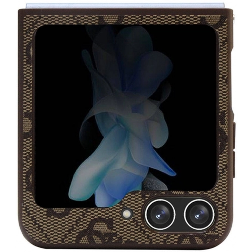 Galaxy Z Flip 5 Kılıf Guess Orjinal Lisanslı PU Deri Taşlı Üçgen Logo 4G Desenli Strass Kapak - Kahve