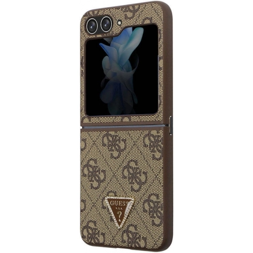 Galaxy Z Flip 5 Kılıf Guess Orjinal Lisanslı PU Deri Taşlı Üçgen Logo 4G Desenli Strass Kapak - Kahve