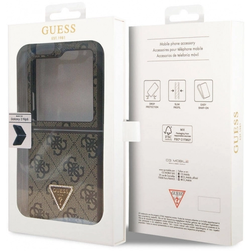Galaxy Z Flip 5 Kılıf Guess Orjinal Lisanslı PU Deri Taşlı Üçgen Logo 4G Desenli Strass Kapak - Kahve