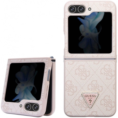 Galaxy Z Flip 5 Kılıf Guess Orjinal Lisanslı PU Deri Taşlı Üçgen Logo 4G Desenli Strass Kapak - Kahve