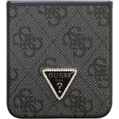 Galaxy Z Flip 5 Kılıf Guess Orjinal Lisanslı PU Deri Taşlı Üçgen Logo 4G Desenli Strass Kapak - Kahve