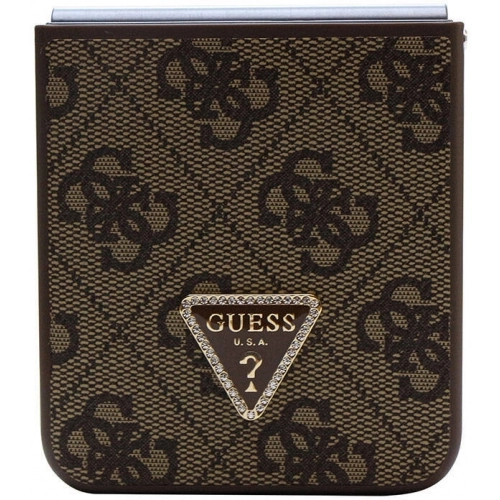 Galaxy Z Flip 5 Kılıf Guess Orjinal Lisanslı PU Deri Taşlı Üçgen Logo 4G Desenli Strass Kapak - Kahve