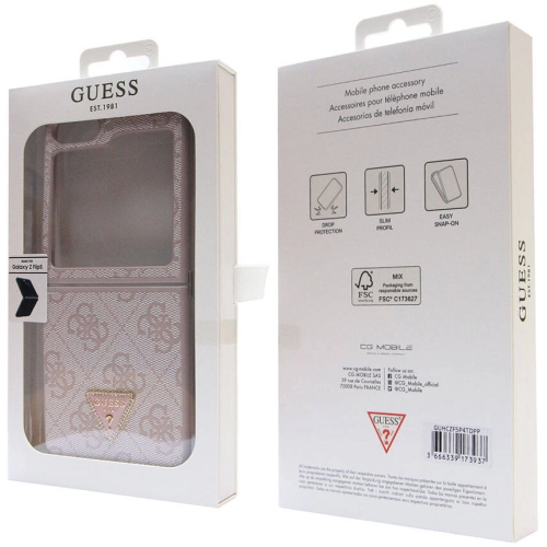 Galaxy Z Flip 5 Kılıf Guess Orjinal Lisanslı PU Deri Taşlı Üçgen Logo 4G Desenli Strass Kapak - Pembe