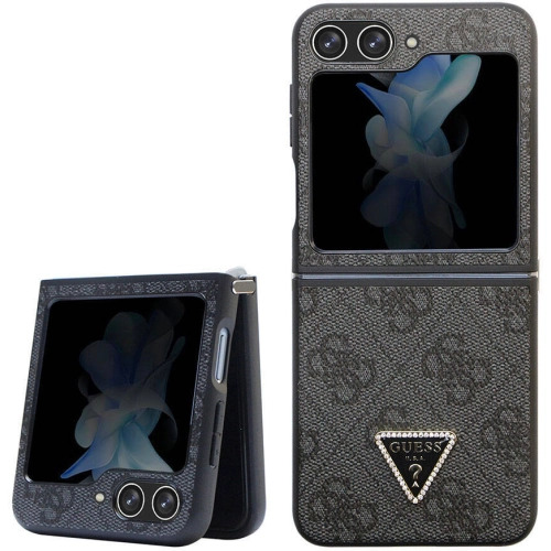 Galaxy Z Flip 5 Kılıf Guess Orjinal Lisanslı PU Deri Taşlı Üçgen Logo 4G Desenli Strass Kapak - Kahverengi