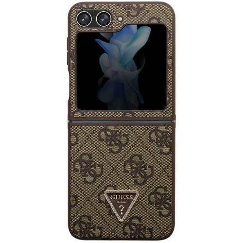 Galaxy Z Flip 5 Kılıf Guess Orjinal Lisanslı PU Deri Taşlı Üçgen Logo 4G Desenli Strass Kapak - Kahverengi