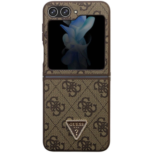 Galaxy Z Flip 5 Kılıf Guess Orjinal Lisanslı PU Deri Taşlı Üçgen Logo 4G Desenli Strass Kapak - Kahverengi