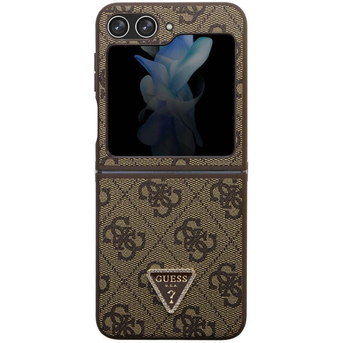 Galaxy Z Flip 5 Kılıf Guess Orjinal Lisanslı PU Deri Taşlı Üçgen Logo 4G Desenli Strass Kapak - Kahverengi
