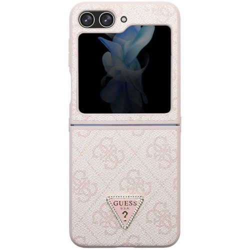 Galaxy Z Flip 5 Kılıf Guess Orjinal Lisanslı PU Deri Taşlı Üçgen Logo 4G Desenli Strass Kapak - Pembe