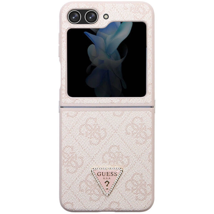 Galaxy Z Flip 5 Kılıf Guess Orjinal Lisanslı PU Deri Taşlı Üçgen Logo 4G Desenli Strass Kapak - Pembe