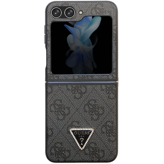Galaxy Z Flip 5 Kılıf Guess Orjinal Lisanslı PU Deri Taşlı Üçgen Logo 4G Desenli Strass Kapak - Siyah