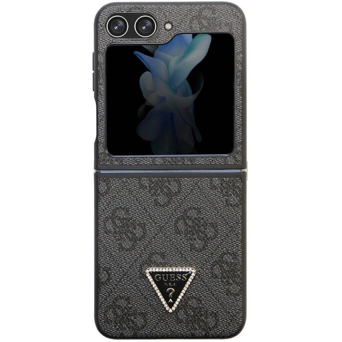 Galaxy Z Flip 5 Kılıf Guess Orjinal Lisanslı PU Deri Taşlı Üçgen Logo 4G Desenli Strass Kapak - Siyah