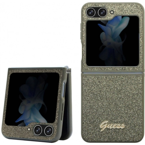 Galaxy Z Flip 5 Kılıf Guess Orjinal Lisanslı Yazı Logolu Glitter Flakes Kapak - Haki