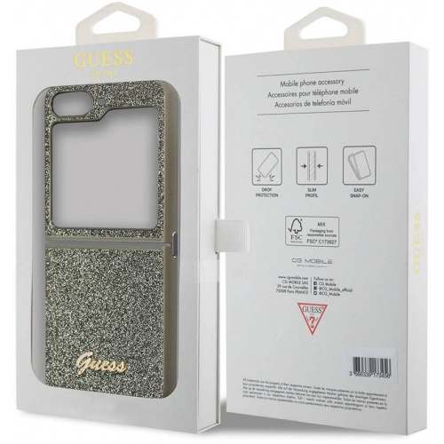 Galaxy Z Flip 5 Kılıf Guess Orjinal Lisanslı Yazı Logolu Glitter Flakes Kapak - Haki