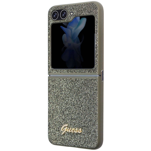 Galaxy Z Flip 5 Kılıf Guess Orjinal Lisanslı Yazı Logolu Glitter Flakes Kapak - Haki