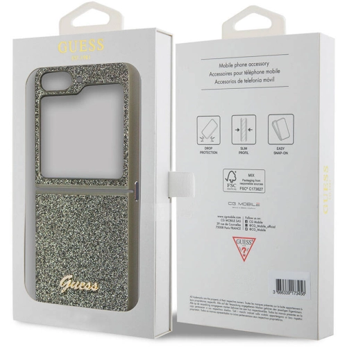 Galaxy Z Flip 5 Kılıf Guess Orjinal Lisanslı Yazı Logolu Glitter Flakes Kapak - Haki