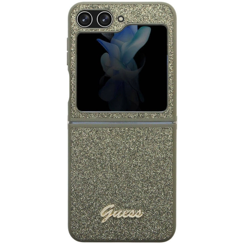 Galaxy Z Flip 5 Kılıf Guess Orjinal Lisanslı Yazı Logolu Glitter Flakes Kapak - Haki