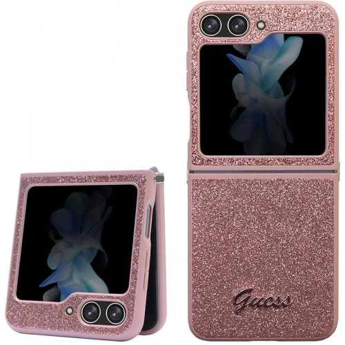 Galaxy Z Flip 5 Kılıf Guess Orjinal Lisanslı Yazı Logolu Glitter Script Kapak - Pembe