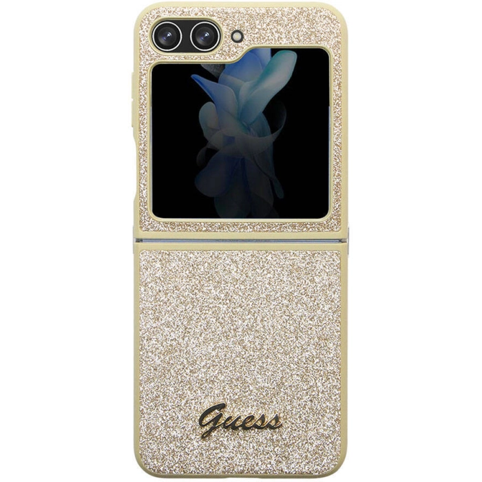 Galaxy Z Flip 5 Kılıf Guess Orjinal Lisanslı Yazı Logolu Glitter Script Kapak - Gold