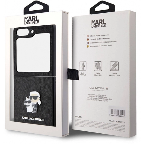 Galaxy Z Flip 5 Kılıf Karl Lagerfeld Orjinal Lisanslı K&C Metal Logolu Saffiano Kapak - Siyah