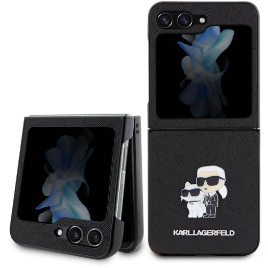 Samsung Galaxy Z Flip 5 Kılıf Karl Lagerfeld Orjinal Lisanslı K&C Metal Logolu Saffiano Kapak - Siyah