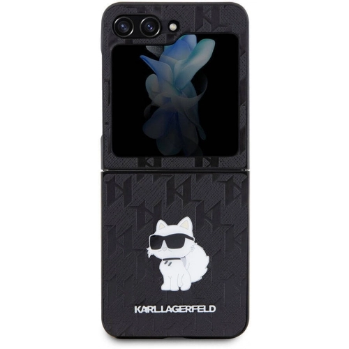 Galaxy Z Flip 5 Kılıf Karl Lagerfeld Orjinal Lisanslı KL Desenli Choupette İkonik Saffiano Kapak - Siyah