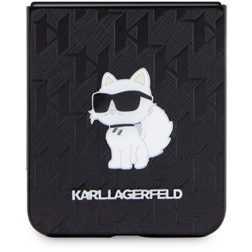 Galaxy Z Flip 5 Kılıf Karl Lagerfeld Orjinal Lisanslı KL Desenli Choupette İkonik Saffiano Kapak - Siyah