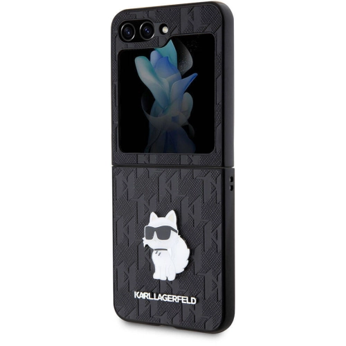 Samsung Galaxy Z Flip 5 Kılıf Karl Lagerfeld Orjinal Lisanslı KL Desenli Choupette İkonik Saffiano Kapak - Siyah