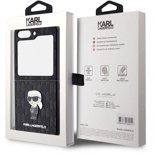 Galaxy Z Flip 5 Kılıf Karl Lagerfeld Orjinal Lisanslı KL Desenli Karl İkonik Saffiano Kapak - Siyah