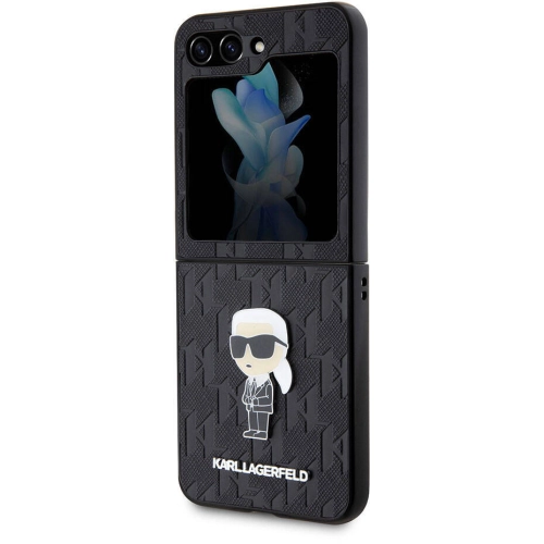 Samsung Galaxy Z Flip 5 Kılıf Karl Lagerfeld Orjinal Lisanslı KL Desenli Karl İkonik Saffiano Kapak - Siyah