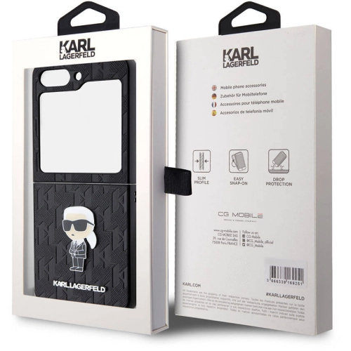 Samsung Galaxy Z Flip 5 Kılıf Karl Lagerfeld Orjinal Lisanslı KL Desenli Karl İkonik Saffiano Kapak - Siyah