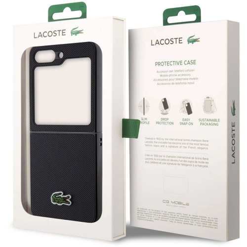 Galaxy Z Flip 5 Kılıf Lacoste Orjinal Lisanslı PU Pike Desenli Arka Yüzey İkonik Timsah Dokuma Logolu Kapak - Siyah