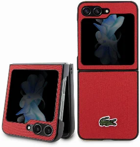 Galaxy Z Flip 5 Kılıf Lacoste Orjinal Lisanslı PU Pike Desenli Arka Yüzey İkonik Timsah Dokuma Logolu Kapak - Kırmızı