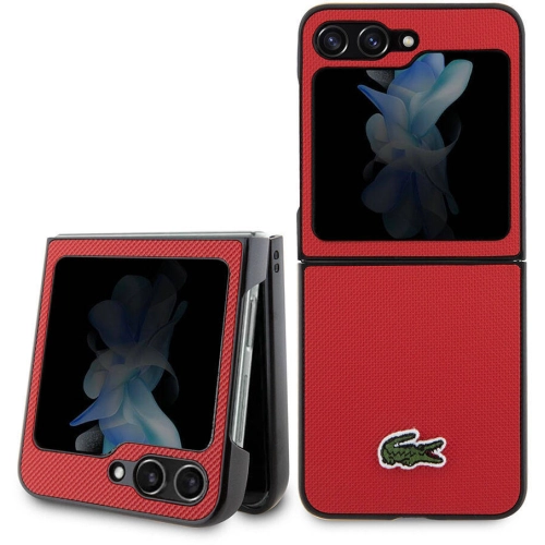 Galaxy Z Flip 5 Kılıf Lacoste Orjinal Lisanslı PU Pike Desenli Arka Yüzey İkonik Timsah Dokuma Logolu Kapak - Kırmızı