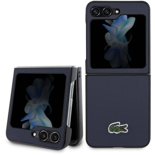 Galaxy Z Flip 5 Kılıf Lacoste Orjinal Lisanslı PU Pike Desenli Arka Yüzey İkonik Timsah Dokuma Logolu Kapak - Lacivert