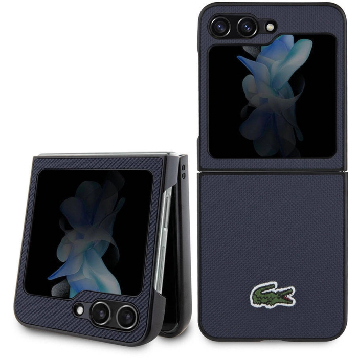 Galaxy Z Flip 5 Kılıf Lacoste Orjinal Lisanslı PU Pike Desenli Arka Yüzey İkonik Timsah Dokuma Logolu Kapak - Lacivert