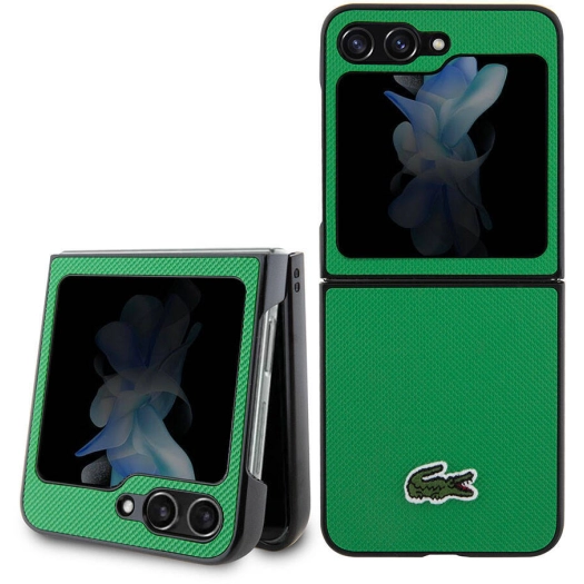 Galaxy Z Flip 5 Kılıf Lacoste Orjinal Lisanslı PU Pike Desenli Arka Yüzey İkonik Timsah Dokuma Logolu Kapak - Yeşil