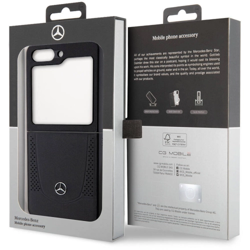 Samsung Galaxy Z Flip 5 Kılıf Mercedes Benz Orjinal Lisanslı Metal Yıldız Logolu Urban Deri Kapak - Siyah